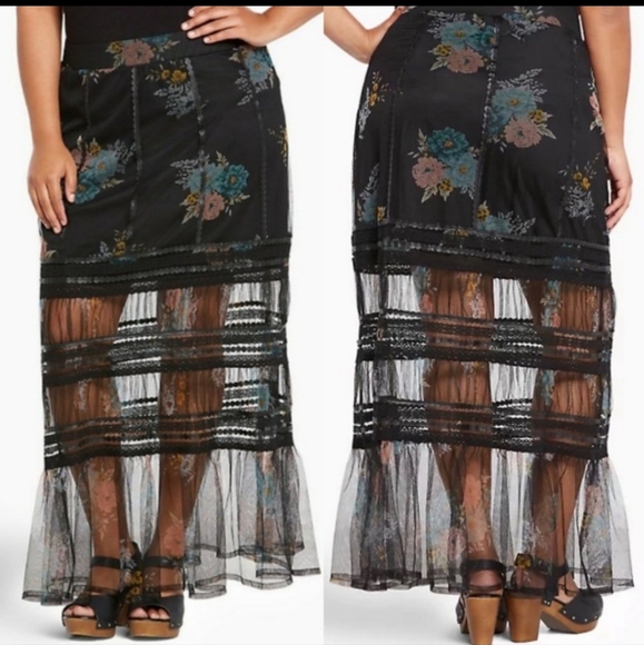 torrid Dresses & Skirts - Torrid Floral Ilusion Mesh Lace Layered SheerTiered Black Maxi Skirt 2X